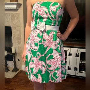 Lilly Pulitzer Green Dress with White Bow and Floral Print